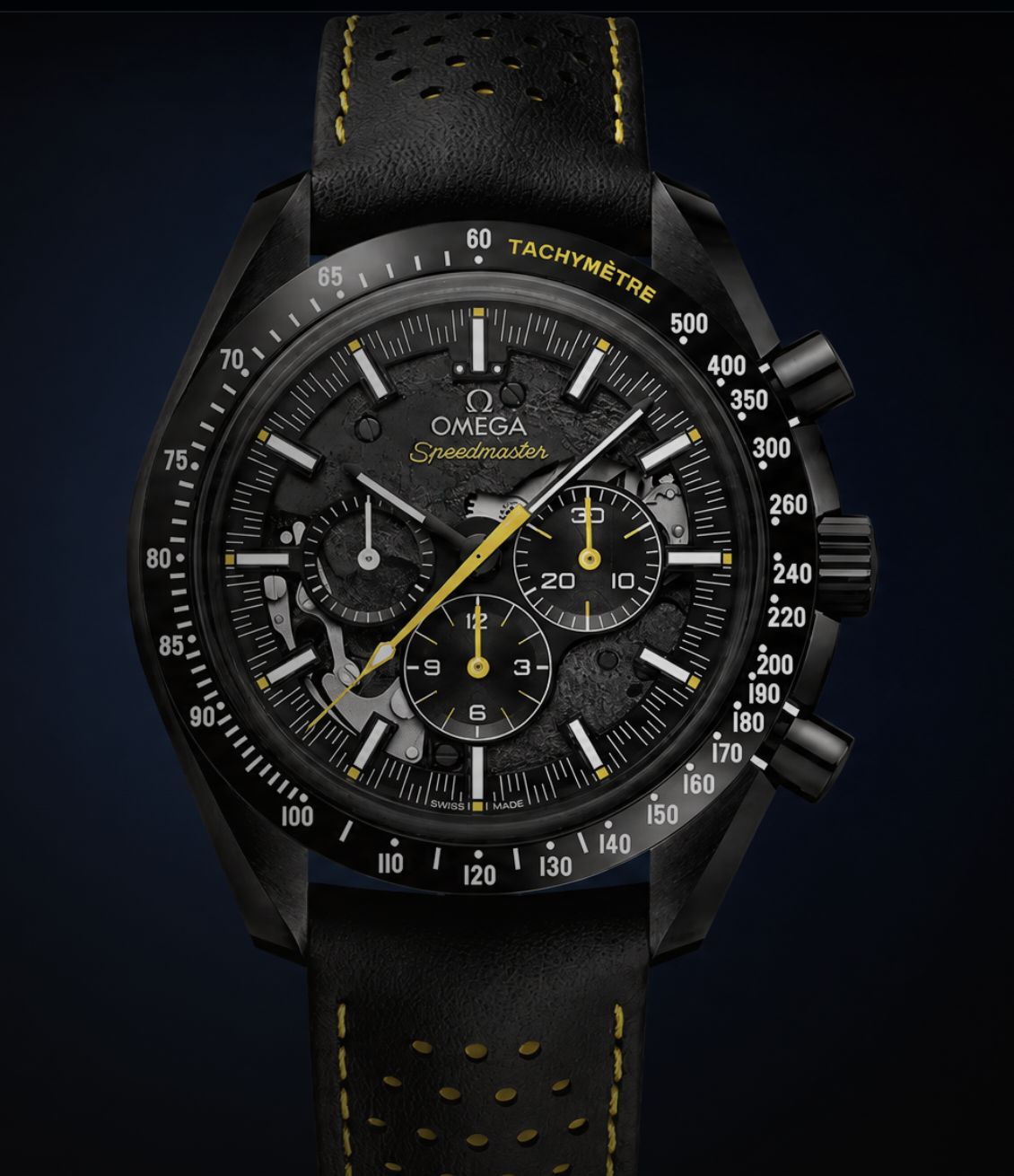 Omega Speedmaster Dark Side of the Moon chronograph with yellow accents